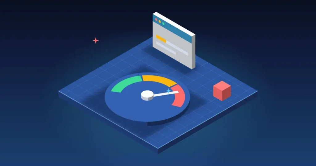 Compteur de vitesse dans la zone rouge à côté d'une fenêtre de site en chargement, illustrant un site WordPress lent